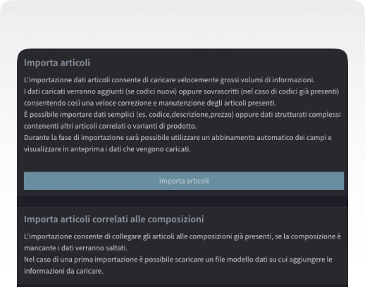 Inserisci i tuoi dati con l’editor dello strumento o con l’importatore automatico associandoli ai campi scelti.